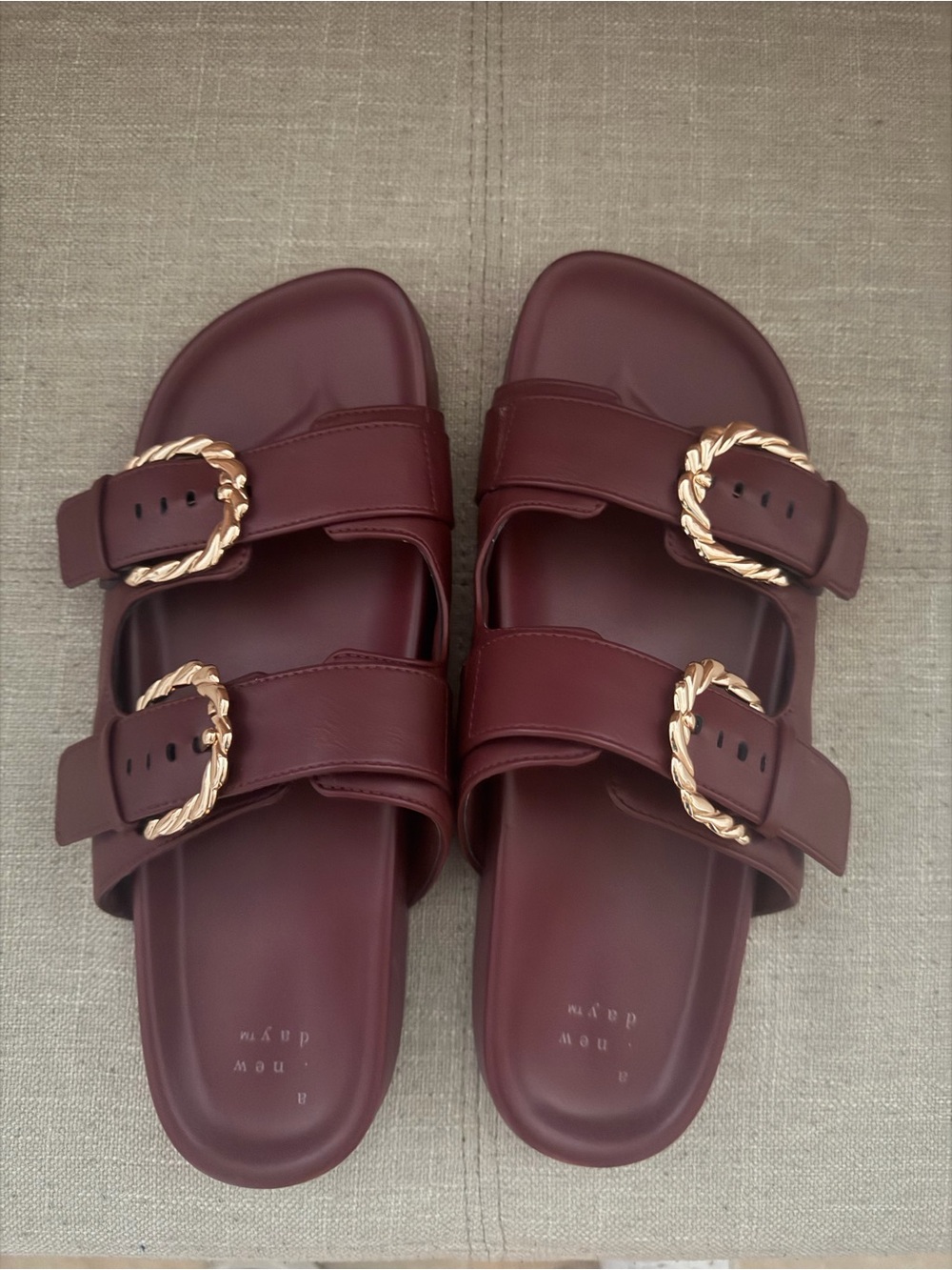 Women’s Double-Buckle Slide Sandals in Burgundy